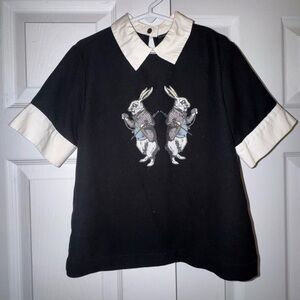 Victoria Beckham for Target Girls Black Top Peter Pan Collar Rabbit Print Size S